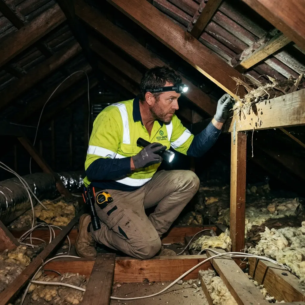 Technician inspecting a roof cavity for a dead animal in Lovely Banks