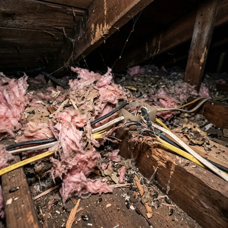 Contaminated ceiling insulation being assessed in a Lovely Banks roof space